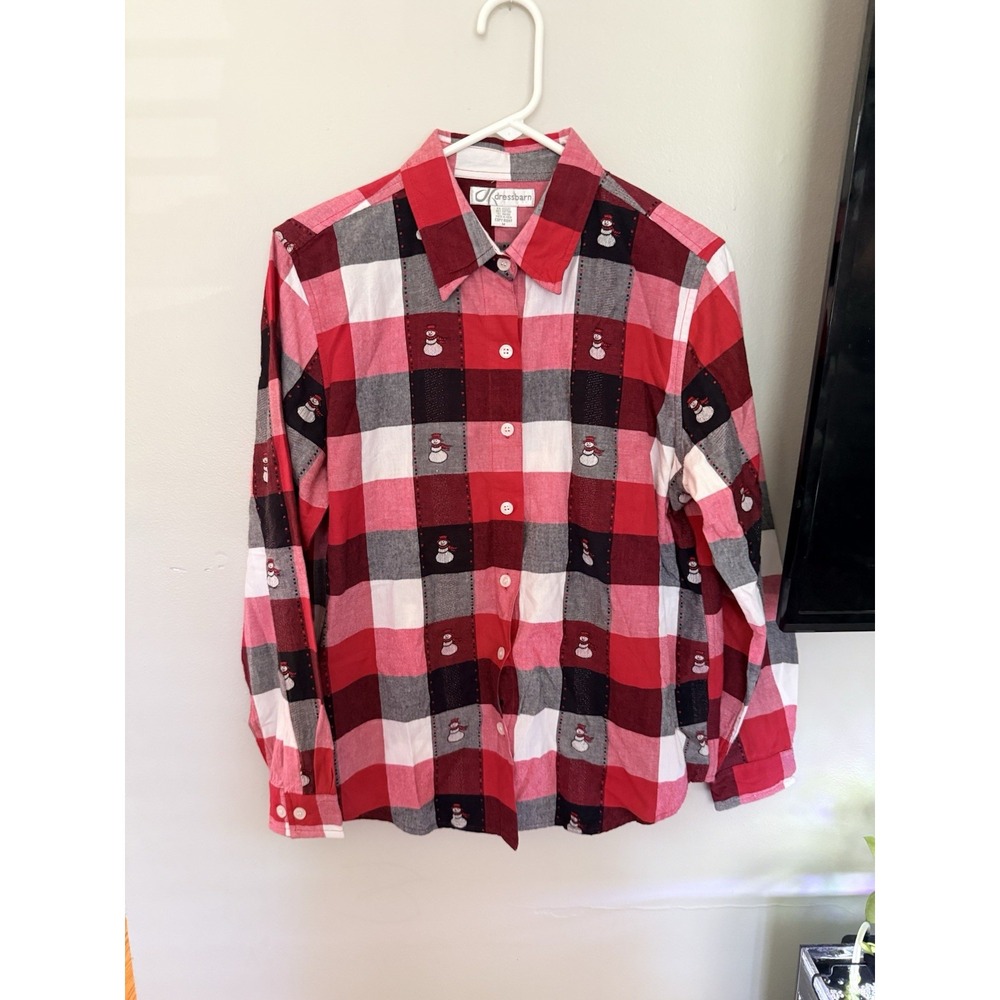 Dress Barn Vintage Plaid Shirt Snowman Embroidery Holiday Button Front Medium